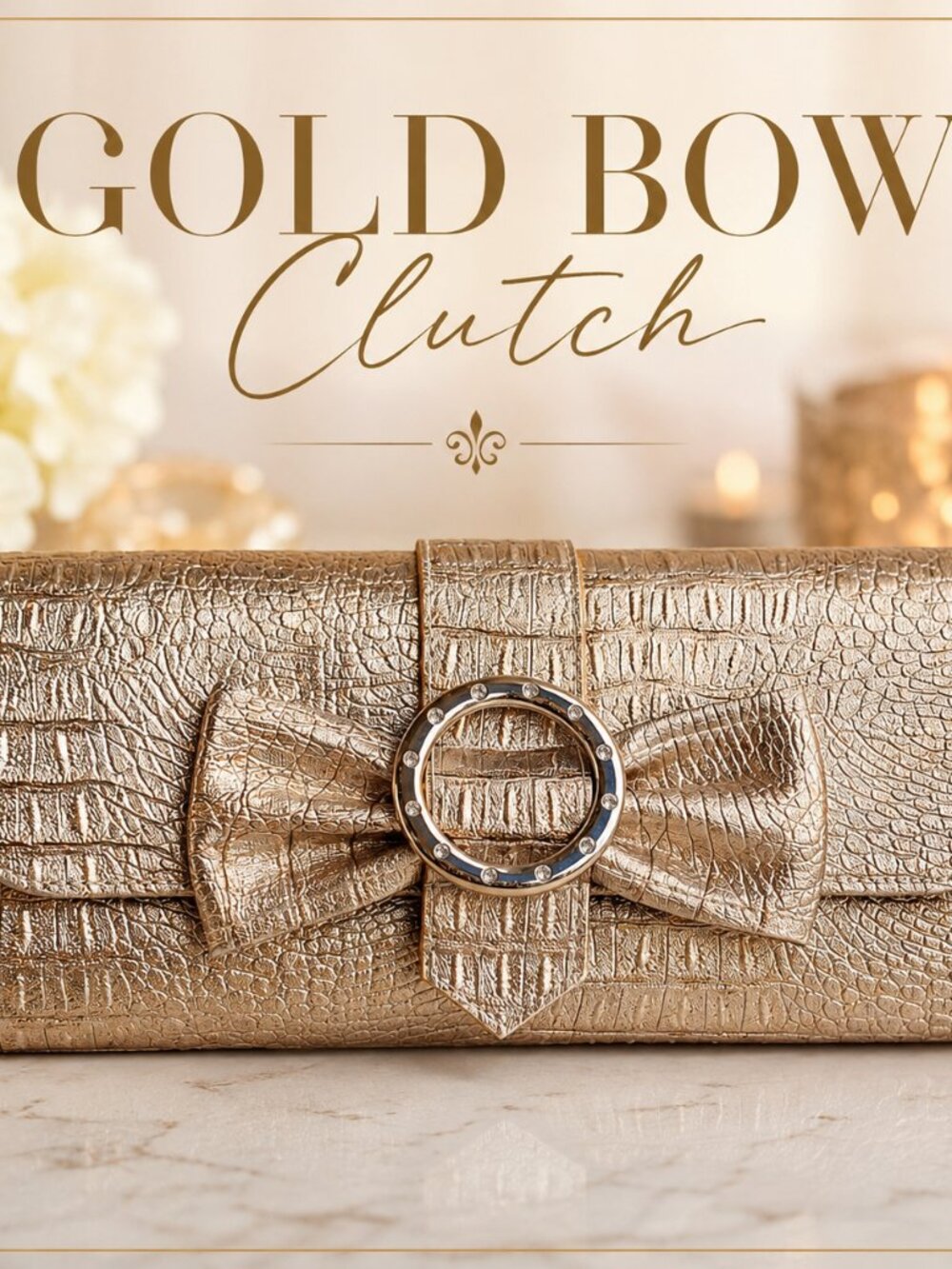 Gold Croc Embossed Bow Clutch Evening Bag
